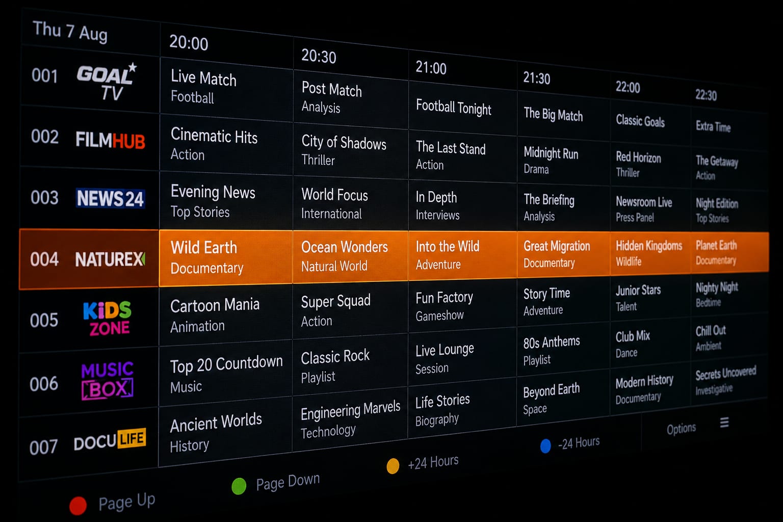 Electronic programme guide grid on a television showing channels and scheduled programmes